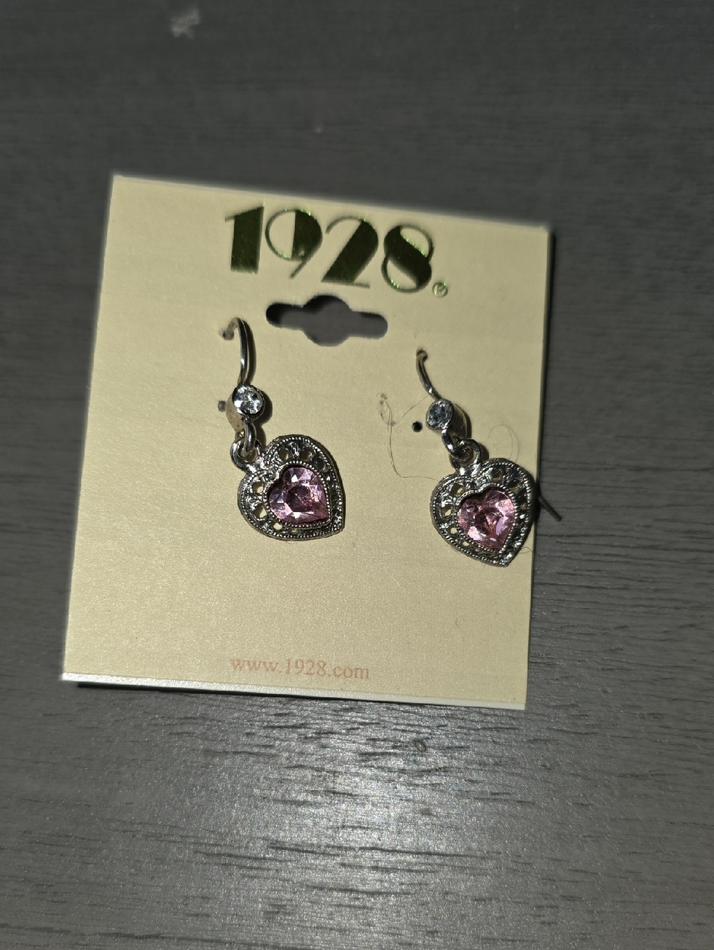 31 - 1928 Silver-Tone Heart Drop Earrings with Pink and Clear Stones